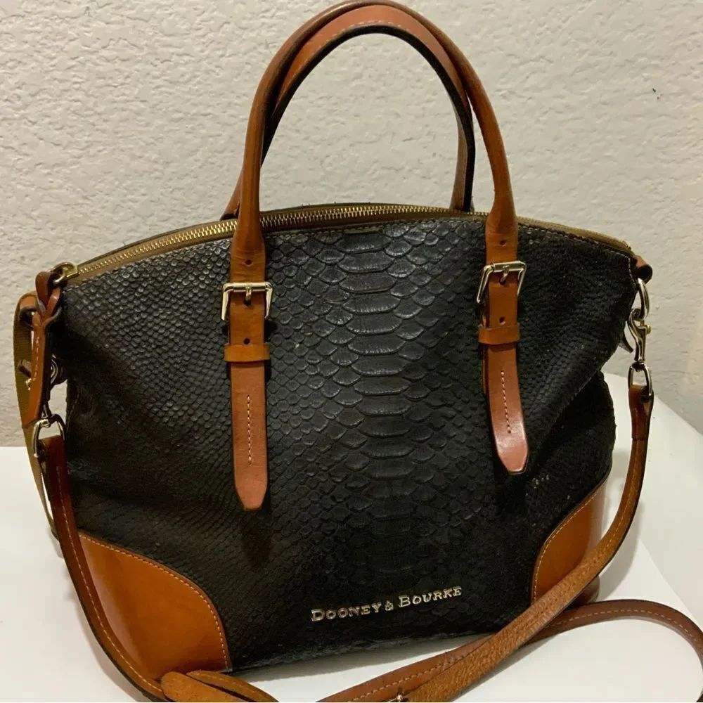 Dooney & Bourke Black Brown Leather Python Exotic Satchel Buckle Handbag
